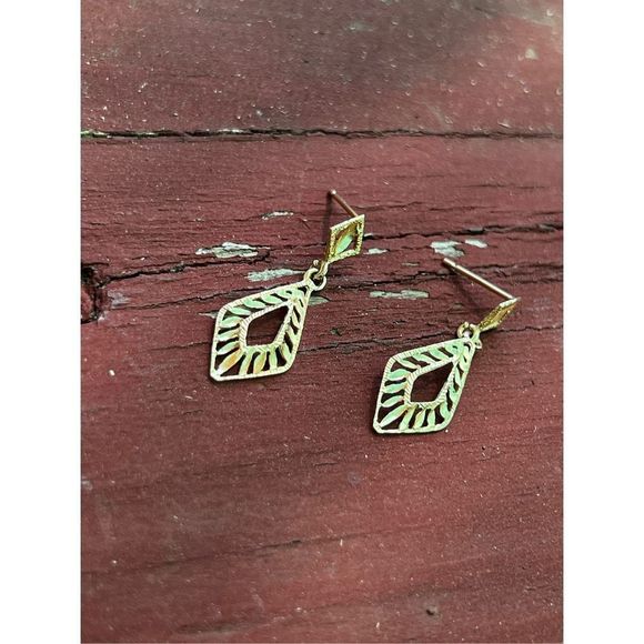 14k Yellow Gold Filigree Retro Dangle Geometric Pop Art  1.3g Drop Dangle Earrin - Picture 2 of 16